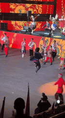 Traditional Russian folk dance performance features twenty costumed dancers