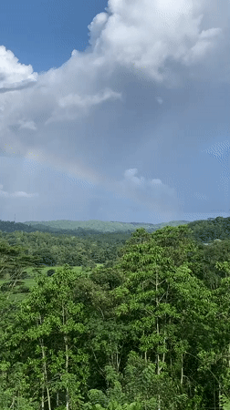Rainbow arcs over lush Mulatiyana landscape in Sri Lanka