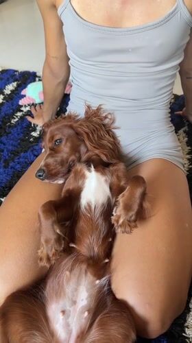 Person and dog share quiet moment on rug in Thailand