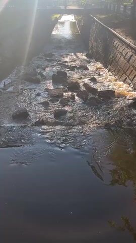 The video shows a narrow, stone-lined channel of water flowing from a bridge in the distance towards the viewer. The water is moving rapidly, creating ripples and small waves, and passes over a series of submerged rocks. The sunlight is strong and casts a lens flare across the upper left portion of the frame. Trees and foliage are visible on the right bank of the channel.