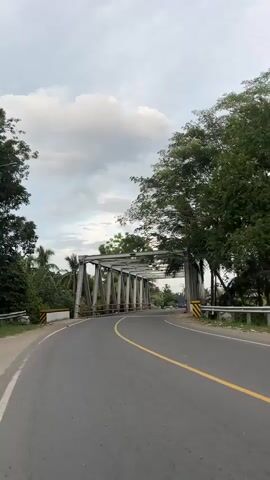 The video shows a first-person perspective of driving on a paved road with a yellow center line. The road curves slightly to the left as it approaches a steel truss bridge. On either side of the road, there are yellow and black striped barriers and guardrails. Lush green trees and palm trees line the sides of the road, with some foliage arching over the road in places. The sky is overcast with some white clouds. As the vehicle enters the bridge, the perspective shifts to looking through the metal framework of the bridge. Several motorcycles are visible in the distance on the bridge and beyond. The bridge appears to be a single lane in each direction. The overall environment is rural and tropical.