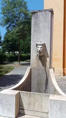 A stone fountain with a lion's head spouts water into a basin. The lion's head is carved into the front of the fountain's central pillar, and its mouth is open, from which a stream of water flows. The fountain is made of light-colored stone, and its basin is wide and shallow. In the background, a tree with green leaves stands in front of a building with an orange wall. The sky is blue and clear.