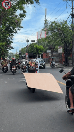 Scooter rider carries large flat material on busy Denpasar street