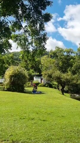 Here's a detailed description of the video:

The video presents a wide, static shot of a lush, green lawn on a sunny day with scattered clouds. In the center of the lawn, a person is doing yoga exercises on a blue mat. The person is dressed in dark clothing.

To the left of the person is a large, spiky bush. Behind the person, slightly uphill, is a small, white building with a visible window. Trees surround the lawn, framing the scene and creating a backdrop of dense greenery. In the upper portion of the frame, the blue sky is visible, dotted with fluffy white clouds. Sunlight streams through the trees, adding highlights to the scene.