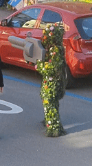 Person in flower costume holds toy gun in parking lot
