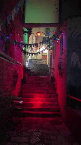 The video shows a long, steep staircase outdoors, under a dimly lit archway. The steps are reddish-brown in color. A vibrant red light shines on the lower half of the staircase, contrasting with the muted gray of the steps above. The staircase is decorated with a string of multicolored lights and pennant banners hung overhead. The entrance to the staircase is flanked by walls on both sides. On the left, the wall is made of exposed red brick, while the wall on the right is painted with a large, dark mural featuring tropical foliage. In the corner on the left, a potted plant adds a touch of green to the scene. The overall atmosphere is moody, with a sense of mystery and invitation, enhanced by the play of light and shadows. The staircase ascends out of view into a dimly lit area. There are no people visible.