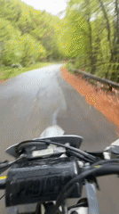 Motorcyclist rides wet forest road near Shipka, Bulgaria