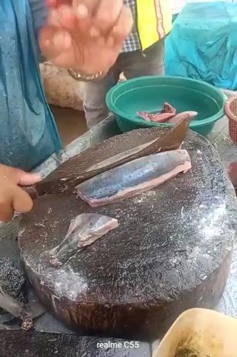 Fresh seafood on banana leaves at a Lhokseumawe market stall