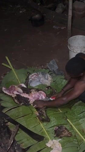 Man butchers animal carcass outdoors at night in Eziudo