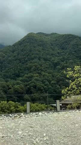 The video shows a drive through a mountainous, wooded area. In the foreground, a white truck with a gray tarp is parked. A dark sedan and a light-colored minivan are also visible, along with a dark SUV in the distance. The background is dominated by a large, densely forested mountain under a cloudy sky. The road appears to be gravelly. The time of day is likely daytime, given the lighting. The weather appears overcast. The scene evokes a sense of remoteness and natural beauty. There is no visible text in the video.