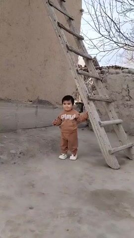 A toddler stands on a cracked concrete surface outdoors, dressed in a brown sweatsuit with white shoes. The child has dark hair, brown eyes, and a small earring. Behind the toddler, there is a tan mud wall and a weathered wooden ladder leaning against it. Some bare tree branches are visible in the background against a cloudy sky. The child makes small movements with their hands.
