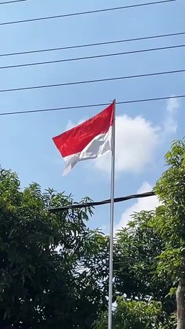 A wide shot captures the Indonesian flag, red on top and white on the bottom, gently waving from a flagpole. The flagpole stands tall against a clear blue sky dotted with a few wispy clouds. Overhead, a series of parallel black wires crisscross the sky, creating a stark linear pattern. Lush green trees frame the bottom portion of the image, their branches reaching upwards towards the flag. The scene is bathed in bright sunlight, casting subtle shadows. There are no people visible in the frame.