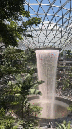 Early morning visitors capture Jewel Changi Airport's waterfall attraction