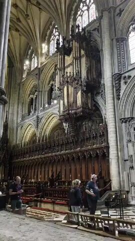 The video shows the interior of a large, ornate cathedral. In the foreground, three people are visible, two women and a man. The man, wearing a dark shirt, is gesturing with a pointer towards a large, intricately carved wooden structure, which appears to be part of the cathedral's organ. The two women are facing him, appearing to listen. Behind them, there are rows of dark wooden pews and a richly decorated altar area with white stonework and a sarcophagus. The ceiling is high and arched, with Gothic architectural features and stained glass windows. The lighting suggests it is daytime, with natural light filtering through the windows. The camera pans slightly throughout the clip, offering different views of the cathedral's architecture and the people present.