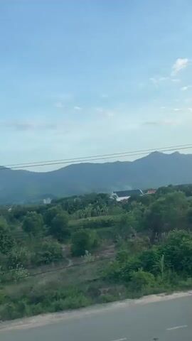 The video features a horizontal tracking shot from a low vantage point, likely from a moving vehicle, revealing a rural landscape. In the foreground, a dirt and paved road shoulder passes by, bordered by various green bushes and small trees. The mid-ground displays dense green foliage, some distant buildings, and multiple power lines strung horizontally across the frame. A tall power pole with cross arms and lines is prominently visible in the mid-ground as the camera moves past it. The background is dominated by a range of blue-grey mountains under a clear, light blue sky with a few wispy clouds. The scene is illuminated by daylight, and no people or animals are visible.