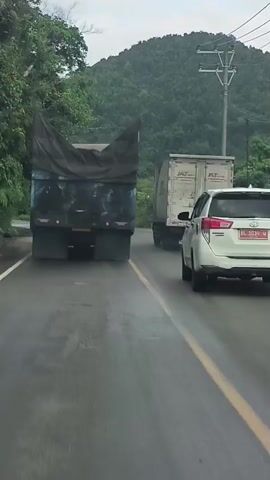 The video captures a view from a vehicle driving on a wet asphalt road, likely in a mountainous or hilly area with lush green trees and foliage lining the left side of the road. The sky appears overcast. In front, there are three vehicles: a black dump truck with a dark tarp covering its bed in the immediate foreground, a white box truck with "J & T" branding in the middle distance, and a white SUV, possibly a Toyota Innova, with an Indonesian license plate in the right lane ahead of the box truck. The vehicles are traveling in the same direction. The road has a yellow line marking the right lane and a white line marking the left lane, which appears to be narrower. The overall impression is of a motorcade or convoy moving along a scenic, somewhat rural route under gloomy weather conditions.