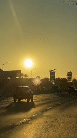 Sunset drive on a Burbank highway, palm trees in the background
