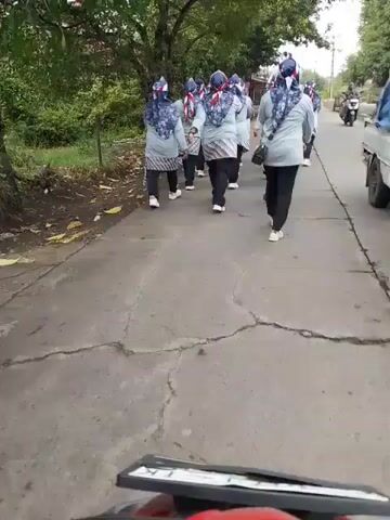 The video shows a group of about 10 women walking down a paved road in the same direction as the camera. They are wearing similar outfits: light grey long-sleeved shirts, dark pants, white sneakers, and blue floral headscarves with red and white stripes. Some are carrying purses. The road is cracked and uneven. On one side of the road there are trees and foliage, and on the other side there are buildings. A motorcycle passes in the opposite direction. The camera appears to be mounted on a vehicle or handheld, and the bottom of the frame shows part of what appears to be a dashboard. The women are walking at a moderate pace and do not appear to be interacting with each other.