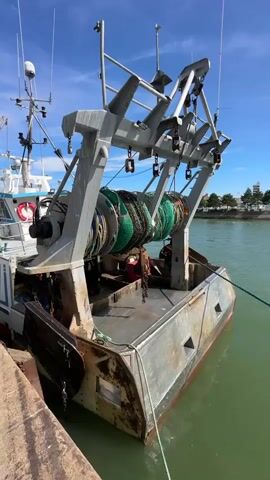A fishing trawler is docked at a pier on a clear day. The vessel is white with blue trim and has "GROS LOULOU" written on its side. A large net is wound around a spool on the deck. The water is green, and the sky is blue with scattered clouds. In the background, buildings and trees are visible. There are no people visible on the boat or in the immediate vicinity.