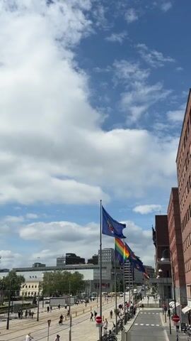The video shows a street scene with flags flying on poles. The flags are the European Union flag and a rainbow flag. There are people walking on the street and in the background, there are buildings and trees. The sky is blue with some clouds.