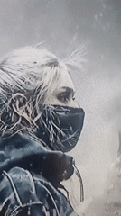 Eclectic mix of masked figures, a text graphic, and a plant