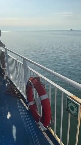 The media file shows a serene view of the sea from a ferry. The subjects are a person leaning on a railing, a life preserver, and distant ships on the horizon. The scene is the open sea under a clear sky with a hint of clouds. The setting is the deck of a ferry, indicated by the railing, life preserver, and rope.

The activity appears to be a leisurely ferry ride. The person is likely enjoying the view or contemplating the sea. The distant ships suggest ongoing maritime traffic.

Notable details include the bright sunlight, indicating it is daytime, likely morning or afternoon, given the bright sky and the angle of the sun. The water is calm, suggesting fair weather. The life preserver is red with white stripes and has the word "EMDEN" printed on it. There is also a green and white sign with a circular symbol on the railing. The overall mood is peaceful and contemplative. The location is unknown but suggested to be Lithuania.