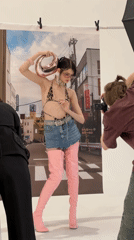 Model photographed in studio with Japanese backdrop