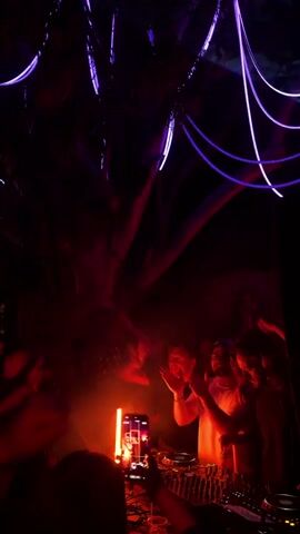 The scene takes place at a nightclub with a DJ performing for a crowd. The lighting is dark, with red and purple accents, and there are some neon lights overhead. A DJ stands behind a DJ mixer, with several people around him, dancing, and holding up their phones to record him.  There's a dark tree-like structure above the DJ booth.