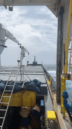 Ship encounters rough seas in Mediterranean with deck equipment visible