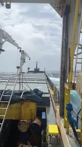 Ship encounters rough seas in Mediterranean with deck equipment visible