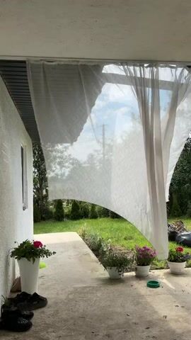 The media file depicts an outdoor scene viewed from a covered porch. White sheer curtains, patterned with a repeating geometric design, are blown by a gentle breeze, obscuring and revealing a sunlit garden area. The garden features manicured green grass, small bushes, and potted flowering plants with pink and purple blooms. Sunlight filters through the curtains and trees, suggesting it is a bright, possibly warm day. The porch has a concrete floor and a white-painted wall of a building is visible to the left. On the porch floor, a white pot with a pink flower sits near a pair of black shoes, and a small green pet bowl is visible on the right. The background shows trees and a telephone pole, indicating a rural or suburban setting. The overall mood is peaceful and relaxed, evoking a sense of a calm summer day. No visible text is present in the media file.