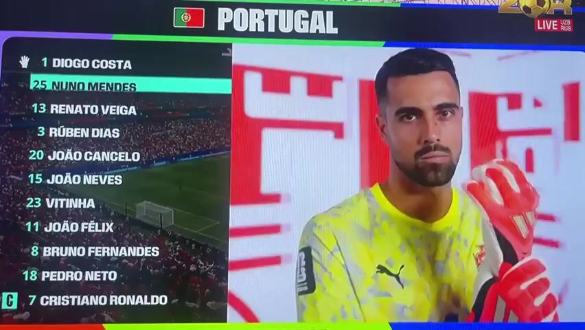 The image is a screen capture from a sports broadcast, likely a soccer match, featuring the Portuguese national team. On the left side of the screen is a list of players with their numbers, displaying the starting lineup or a team roster. The players' names are in English, and some names are highlighted in cyan. The team name "PORTUGAL" is prominently displayed at the top, along with the Portuguese flag.

To the right, a player in a red Portuguese soccer jersey is shown. The jersey has a Puma logo and the Portuguese crest. In the background, there's a green graphic design featuring stylized white castle turrets, possibly representing a national symbol or a thematic element for the broadcast.

The broadcast information at the top right corner indicates "UZB RUS," suggesting a broadcast from Uzbekistan to Russia. The overall setting appears to be a stadium or a studio set for a sports event. The lighting is bright and even, typical of a television broadcast. The player on the right is looking towards the camera and pointing. The mood appears to be informative and celebratory, as it's common to showcase team lineups and players before a match. The visible text includes player names, numbers, the country name "PORTUGAL," and broadcast channel information "UZB RUS." There is also text at the bottom that says "WORLD CUP 2026," indicating the context of the event.