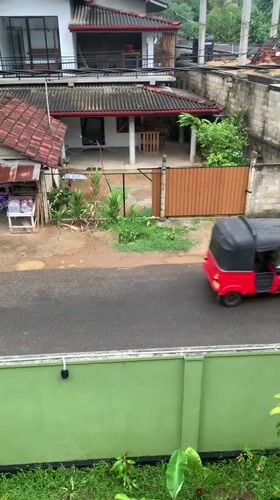 Auto-rickshaw and cow share rural road in Kabalana