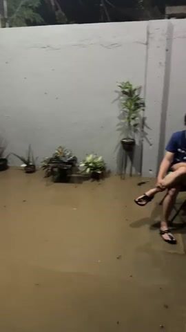 The video shows a flooded outdoor area at night. The water is murky brown and covers the ground, reaching several inches high. There are plants in pots scattered around the area, some of which are partially submerged. A clothes drying rack is visible in the foreground, along with some potted plants. In the background, there appears to be a house or building, with lights on inside. The scene suggests recent heavy rainfall or flooding.