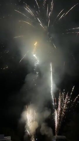 The video displays a nighttime fireworks display. Several bursts of fireworks are visible, exploding in a variety of colors including red, white, and gold. Smoke plumes rise from the explosions, obscuring the dark sky. In the lower portion of the frame, the tops of trees and some structures are visible, suggesting the fireworks are being set off in a populated area or park. The camera angle is looking upward towards the sky.