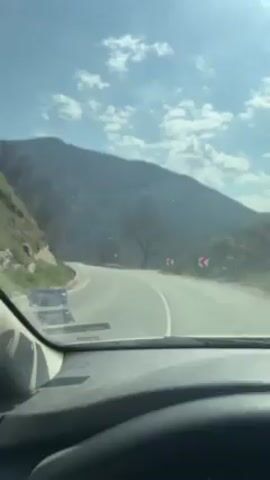 The video, recorded from inside a moving vehicle, presents a view of a winding asphalt road. The road, marked with a solid white center line, curves gently as it leads towards a backdrop of mountains. On the right side of the road, red and white road signs indicate the direction of the curve. A large, bare tree stands prominently in the scene, between the road and the mountain. The sky above is partly cloudy, with patches of blue visible. The dashboard and steering wheel of the vehicle are visible in the foreground, giving the viewer a sense of the driver's perspective. The overall environment suggests a rural or mountainous area.