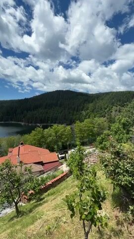 The video shows a scenic view from a hillside overlooking a village and a lake. The foreground features green grass and some trees. In the middle ground, there are several houses with orange tiled roofs, a stone wall, and more trees. The background consists of a dense forest covering a hill, and a body of water, likely a lake. The sky is blue with scattered white clouds. The video pans slightly to the right, revealing more of the village and the surrounding landscape. There are no people visible in the video.