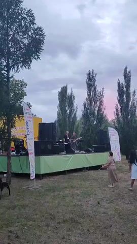This is a video of an outdoor music performance. The scene is set in a park-like area with trees and grass. A stage is set up with a band playing. There are several people in the audience, some standing and some sitting on benches. The time of day appears to be late afternoon or early evening, as the sky is overcast and shows signs of sunset colors.

**Subjects:**
*   **People:** A band consisting of at least two members playing instruments (guitar and possibly drums or another instrument) on stage. Several audience members of various ages are visible, including women dancing, a woman pointing towards the stage, and people sitting on benches.
*   **Objects:** A stage with musical equipment (speakers, instruments), flags with text on them, trees, grass, benches.
*   **Scene:** An outdoor performance space in a natural setting.
*   **Setting:** A park or outdoor venue with trees and grass, likely during a public event.

**Activity or Event:** A live music performance is taking place. The audience appears engaged, with some individuals dancing or watching the band.

**Notable Details:**
*   **Time of Day/Weather:** The sky is cloudy with hints of pink and purple, suggesting sunset. The lighting is dim, typical of late afternoon or early evening.
*   **Location Cues:** The presence of a stage and audience suggests a public event or festival. The provided location context is Slavgorod, Russia.
*   **Emotions:** The overall atmosphere seems relaxed and enjoyable, with people enjoying the music.

**Visible Text:**
*   The flags display text in Cyrillic script. One flag has the word "Славгород" (Slavgorod) prominently visible, confirming the location. Other text is present but not clearly legible in the provided frames.