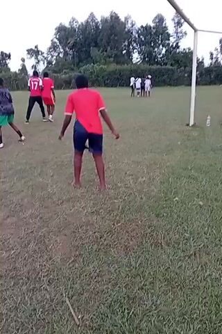 On a grassy field, a group of people are playing soccer. Several players are wearing red jerseys, while others are in different colored shirts and shorts. The field has a soccer goal at one end. The ball is kicked in the air, and players are moving to position themselves to play the ball. Trees border the field, and the sky is overcast.