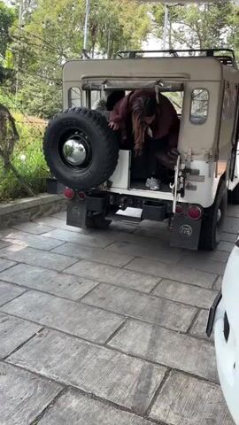 A woman in a brown jacket and black pants is seen climbing out of the back of a vintage white Jeep with a tan soft top. She is holding a dark purse in her right hand and is leaning forward as she descends. Another person, also wearing a brown jacket, is standing to the right of the Jeep, facing away from the camera. The Jeep has a spare tire mounted on the back, and the ground is paved with large, gray rectangular stones. Trees and foliage are visible in the background.
