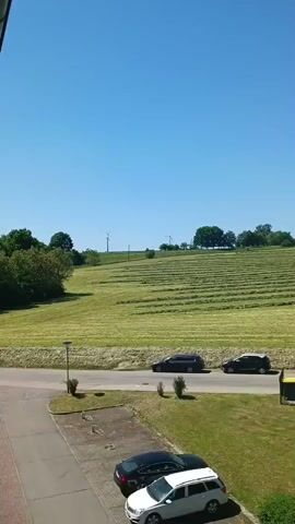 The video shows a field of cut grass in long, neat rows under a clear blue sky.  Several cars are parked along a road that runs in front of the field.  In the distance, a few wind turbines are visible.  The camera is positioned at an elevated viewpoint, likely a window.