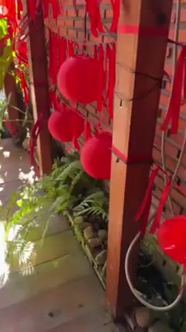 The camera pans up on a patio decorated with red Chinese lanterns and red ribbons. The patio has wooden posts and a brick wall and is decorated with lush plants. The camera tilts up to show the sky and a building in the distance. A man walks into view from behind the camera. He walks toward the entrance of the patio.