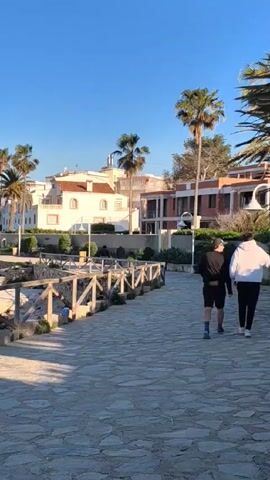 Two men walk away from the camera on a cobblestone path lined with a rustic wooden fence. Beyond the fence are low bushes and several buildings, interspersed with palm trees. The sky is clear and blue. The man on the left wears dark clothing and a small bag across his body. The man on the right wears a light hooded sweatshirt and dark leggings. Other people are visible in the distance.