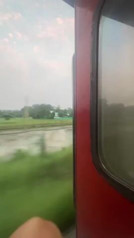 The video shows a view from the inside of a moving train. The camera is positioned to capture the scenery outside the train window. The train car is painted red and has a window with a tinted reflection. Outside, there is a body of water, green vegetation, trees, and a cloudy sky. The landscape appears to be rural or suburban. The motion of the train causes a blur effect on the passing scenery, creating a sense of speed and movement.
