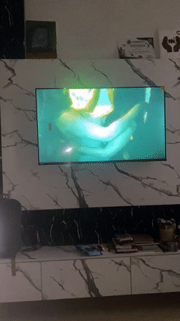 Music video plays on wall-mounted TV in Karmajiji