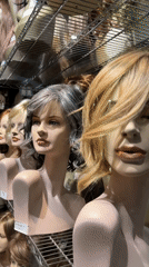 Mannequin heads displaying wigs captured on video in Milan