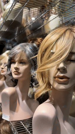 Mannequin heads displaying wigs captured on video in Milan