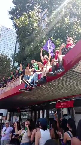 The video depicts a crowd of people participating in a protest or demonstration. Several individuals are perched atop a bus shelter roof, waving a purple flag and holding signs. The signs contain messages; one is partially visible and reads "POR UNA VIDA...COBRE Y PINA NO". The bus shelter is located on a city street, with buildings and trees visible in the background. Other protesters stand on the ground below, holding signs and chanting. The atmosphere appears energetic and passionate, with participants actively engaging in the demonstration. The setting is sunny, and the video captures a street-level perspective of the event.