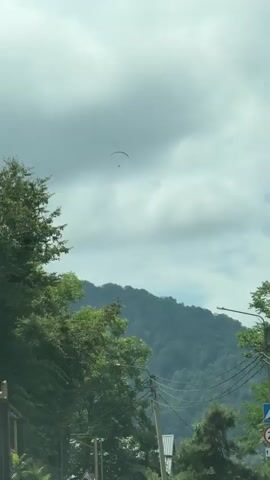 A paraglider is seen in the sky with a mountain range in the background. The sky is cloudy and the trees are green. The paraglider appears to be in motion.