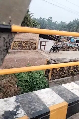 The video, oriented vertically, pans across a scene of what appears to be a riverbank or canal. Two bright yellow poles are prominent in the foreground, obscuring parts of the view. To the right, a concrete barrier with alternating black and yellow stripes, typical of safety markings, is visible. Beyond this, there is vegetation and what seems to be a walkway or concrete structure.

The middle ground reveals a body of water, possibly a river or canal, with several small boats docked along the side. Some of these boats have shelters or coverings. A motorcycle is parked near the boats on a concrete or paved area. The background shows dense foliage, likely palm trees, suggesting a tropical or subtropical environment. The sky appears overcast. The camera movement is a slow pan and slight tilt, offering a fragmented view of the scene. No people are clearly visible interacting with the objects or environment.